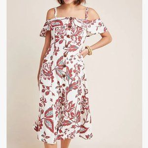 Anthropologie Oahu Floral Button Front Off The Shoulder Midi Linen Dress Size 10